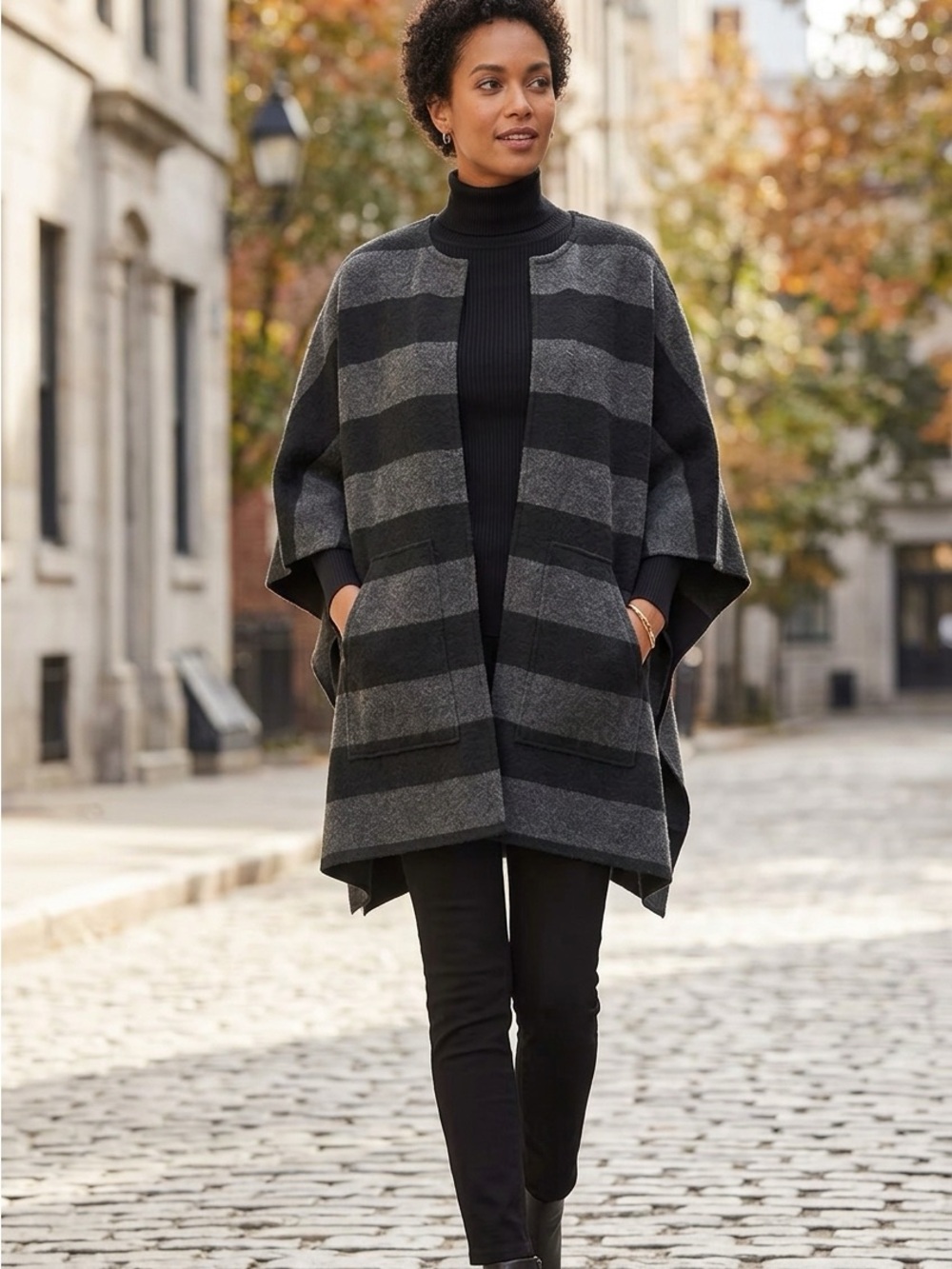 Eileen Fisher Merino Wool Cape Wrap SizeM BlackGray Striped Adaptable Reversible